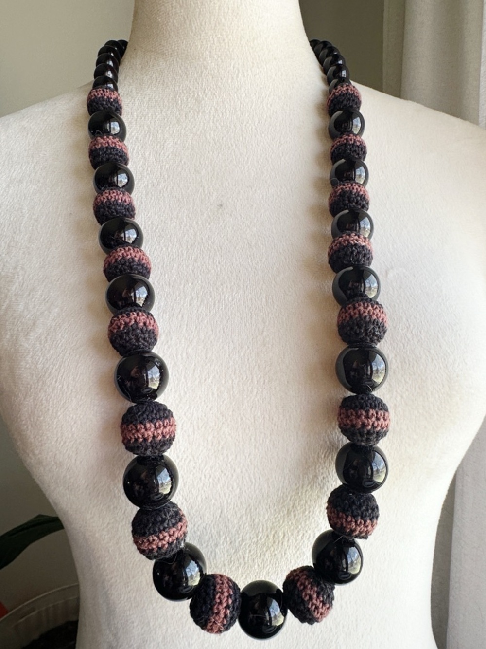 Vintage Crochet Black and Brown Maximalist Bead Necklace with Velour Ribbon